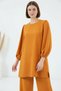 Women's Round Neck Puff Sleeve Mustard Tunic Pants Bottom Top Set - 4