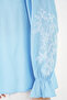 Women's Round Neck Long Sleeve Ruffle Embroidered Blue Blouse - 4