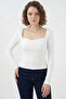 Women's Square Neck Slim Fit Long Sleeve White Blouse - 4