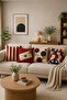 Red Cream Striped and Floral Patterned Decorative Throw Pillow Cover Set of 4 Modern Bohemian Design (Double Sided) - 3