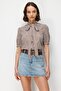 4900 Women's Gingham Patterned Scarf Collar Balloon Sleeve Shirt Brown - 4