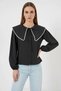 Women's Baby Collar Ruffled Edge Cotton Black Shirt - 4