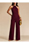 Burgundy Halter Neck Asymmetrical Hem Wide Leg Bottom and Top Set