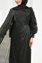 Black Cape Detailed Draped Stone Embellished Evening Dress - 2