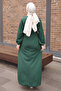 Emerald Green Crew Neck Dress with Elastic Waist and Sleeves - 4