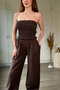 Strapless Elastic Poplin Brown Jumpsuit - 3