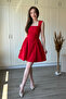 Waist-Tied Flared Short Red Dress - 6