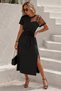 New Season Women's Short Sleeve Ring Collar One-Shoulder Tulle Detailed Pearl Slit Midi Janjan Crepe Dress - 2