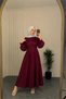 Women's Burgundy Belted Floral Detailed Premium Hijab Dress Dpvq4933 - 2