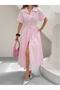 Women's Pink Belt Detailed Short Sleeve Dress - 2