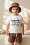 Boy's 3-Piece Set with Brown Muslin Shorts - Summer House Printed Cotton T-Shirt & Bucket Hat Set - 3