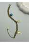 26Blk36 - Gold Steel Bracelet with Lock Key and Blue Stone Detail