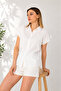 Women's White Short Sleeve Linen Shirt - - 3