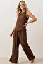 Brown Thick Strap Blouse Elastic Waist Pants Woven Modal Top-Bottom Set 8051 - 2