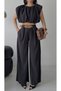 Women's Summer Belted Trousers and Crop Blouse Set Black - 5