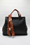 Women's Black Tan Large Size Inner Pocket Double Handle Scarf Detailed Useful Cross Strap Hand and Shoulder Bag - 2