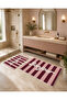 Burgundy Striped Bonjour Written Bath Mat with Dot Base and Velvet Top - 2
