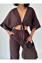 Crep Women's Muslin Tie-Back Blouse – Batwing Sleeve V-Neck 100% Cotton Crop Summer Blouse Brown