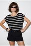 Women's Black Ecru Boat Neck Bat Sleeve Mercerized Cotton Knitwear Blouse Tk261058 60286223 - 2