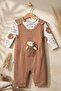 Nafitto Baby Sage Brown Waffle Knit Teddy Bear Salopet and Patterned Bodysuit Set - Cotton Texture 3-9 - 2