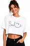 Women's Crop T-Shirt Smile Printed Oversize Relaxed Fit Short Tshirt - White