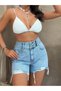Women's Light Blue High-Waisted Jean Shorts – Denim Shorts with Ripped Detail - 5