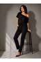 Women's Black Two-Thread Fabric Shoulder Strap Detailed Blouse with Elastic Waist and Bottom Tracksuit Two-Piece Set