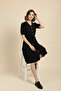 Women's Black Linen Look Midi Belted Buttoned Dress with Elastic Sleeves - 2