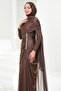 Brown Capelet Evening Dress with Drawstring Front and Stones - 4