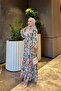 Cream/Tile Half Buttoned Sleeves Elasticized Patterned Viscose Dress - 2