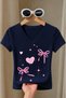 Women's Pink Bow Heart Printed Basic Daily Use V-Neck Slim Fit Lycra T-Shirt - 3