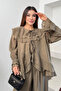Tencel Modal Fabric Layered Flounce Tie-Front Blouse and Trousers Two-Piece Set 9048 - Khaki - 2