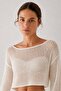 Ecru Openwork Mesh Knit Crop Women's Knitwear Blouse - 2