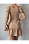 Women's Beige Front Tie Ruffle Mini Dress Yel0680 - 2