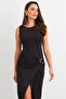 Women's Black Slit Midi Dress with Buckle Accessories Ees003023 - 4