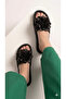 Helena Black Flower Detailed Single Strap Slippers