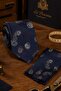 Navy Blue Burgundy Floral Pattern Classic Tie with Handkerchief Kk13794 - 2