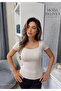Women's Short Sleeve Square Neck Cream Stone Color Buzzy Modal Fabric Body T-Shirt Bluz - 3