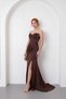 Women's Brown Slim Fit Strapless Neckline Stoned Long Satin Evening Dress