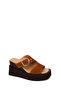 Women's Tan Buckle Wedge Heeled Suede Leather Slippers 26Sfd203910 - 8