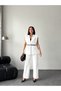 Plus Size Gold Buckle Belted Padded Elegant Oversize Vest and Trousers-White - 2