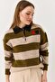 Heart embroidered striped collar sweater khaki