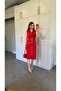 Front Gold Buttoned Belted Dress Red - 3