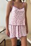 Women's Strappy Floral Patterned Shorts Pajama Set Pink Purple - 3300 - 2
