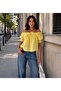Women's Brode Embroidered Gipe Detailed Carmen Collar Loose Gathered Sleeve Summer Blouse - 2