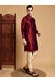 Mens Maroon Self Design Jacquard Silk Kurta Set - 2