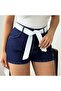 Women's Navy Blue Belted Mini Denim Shorts with Belt Detail - 3