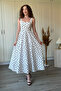 Square Collar Poplin Fabric Midi Flared White Polka Dot Dress with Scarf Detail on the Back - 8