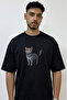 Grey Cat_1 Design Printed Oversize Black T-Shirt