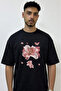 Pink Lily Design Printed Oversize Black T-Shirt